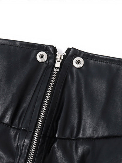 PU Leather Fold Zipper Buttons High-waisted Hip-hugging Skirts