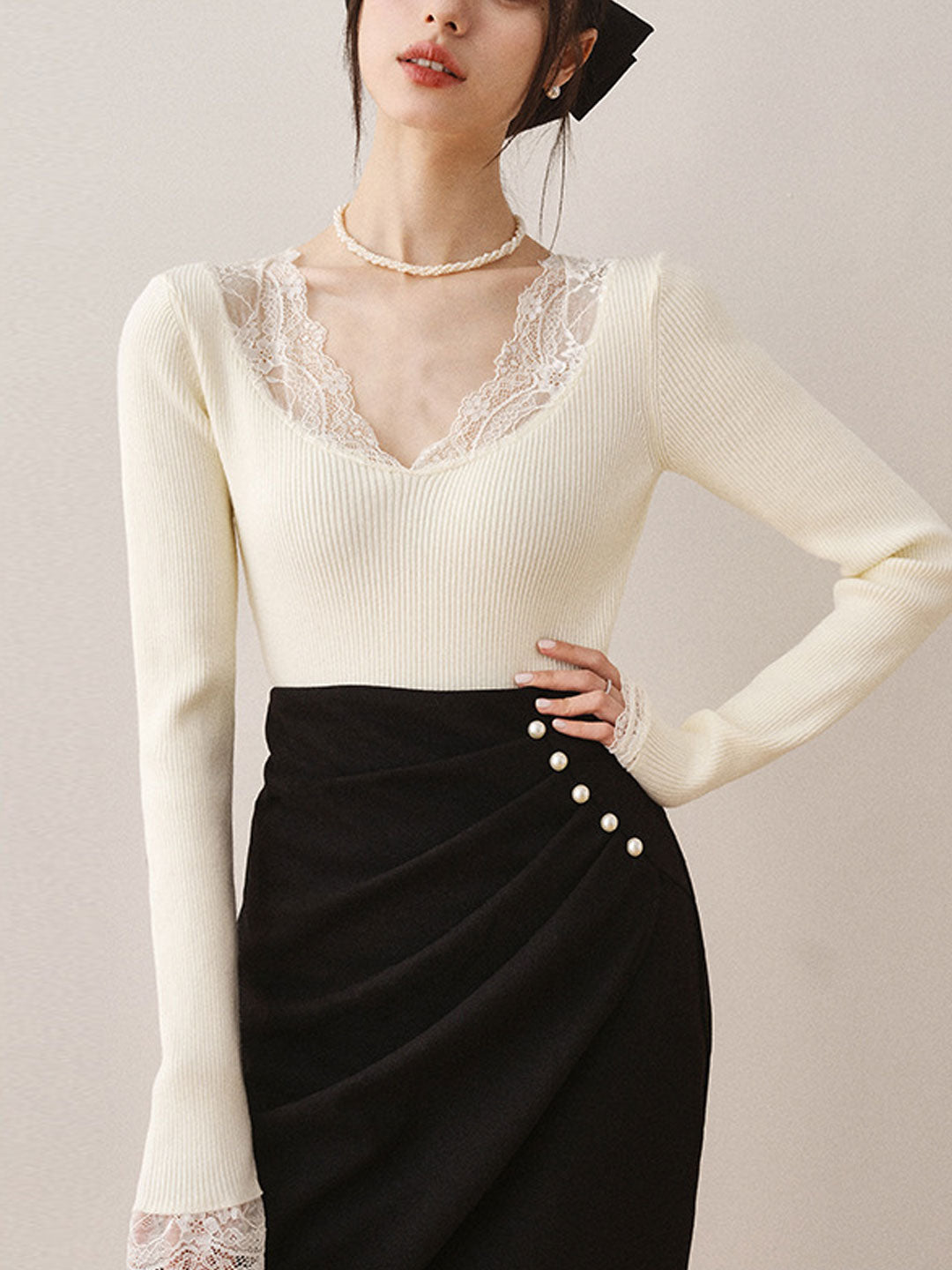 Brianna V-Neck Lace Knitted Sweater