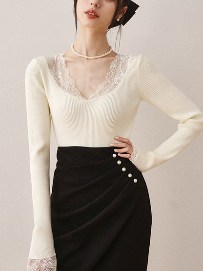Brianna V-Neck Lace Knitted Sweater