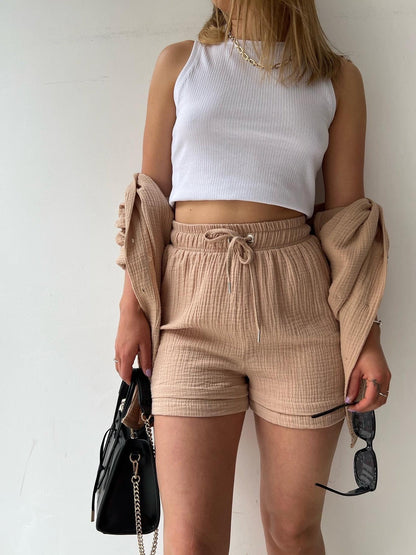 Long-sleeved Shirt And High-waisted Drawstring Shorts Casual Two-piece Set
