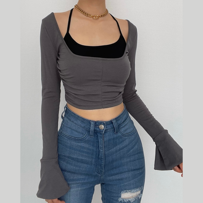 Slit flared sleeve halter ruched 2 piece crop top