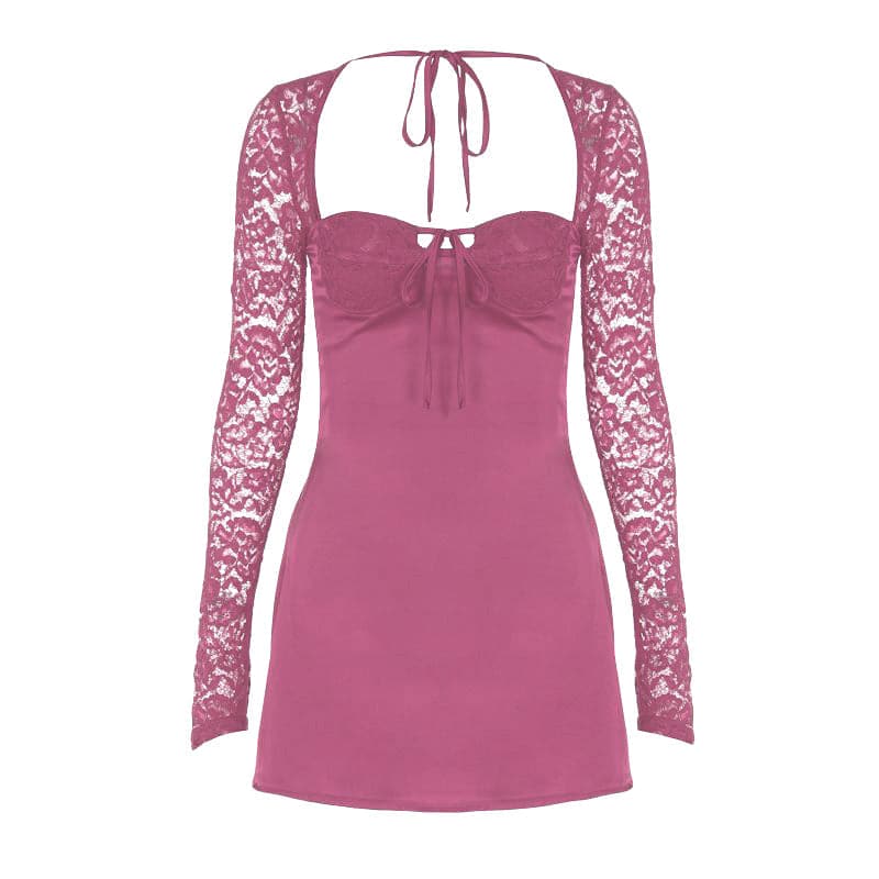 Long sleeve lace knotted ruched solid mini dress