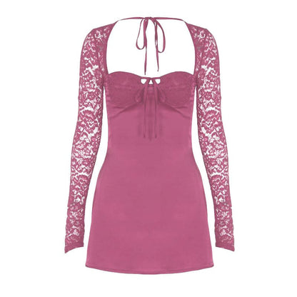 Long sleeve lace knotted ruched solid mini dress