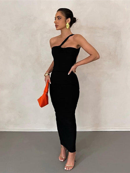 Oblique Twist Shoulder Backless Dress