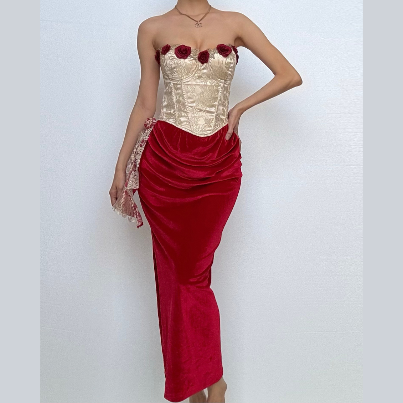 Sweetheart neck bustier flower applique contrast tube maxi dress