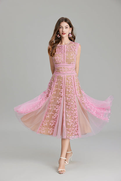 Maëlle Round Neck Mesh Embroidered Midi Dress In Beige