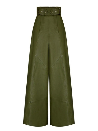 PU Straight-leg Leather Patchwork Trousers