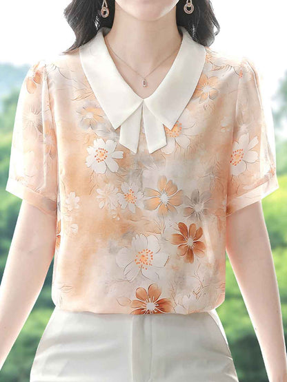 Mariah Classic Lapel Floral Printed Chiffon Top