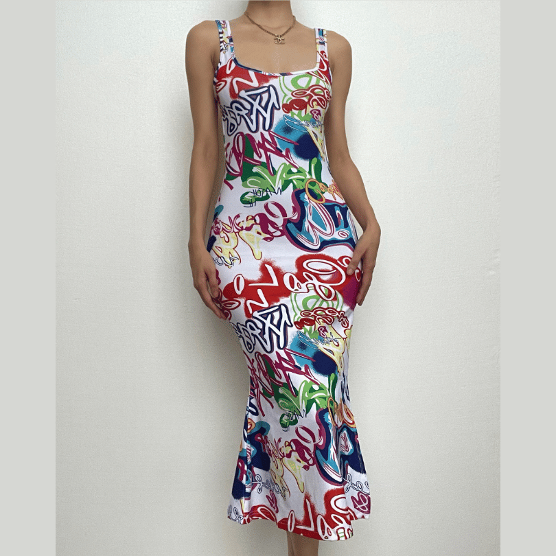 Graffiti Print Sleeveless Scoop Neck Bodycon Trumpet Hem Midi Dress