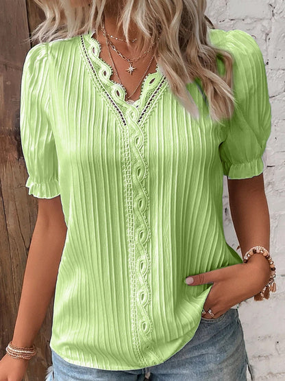 Openwork Lace Puff Sleeve V-neck Vertical Stripes T-shirts