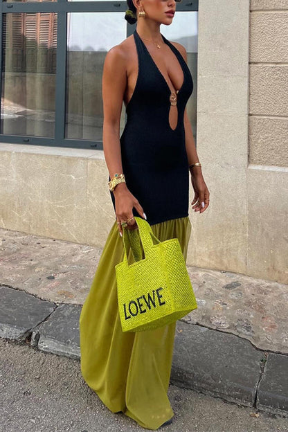 Meridress Halter Open Back Cut Out Slit Ruffle Maxi Dress