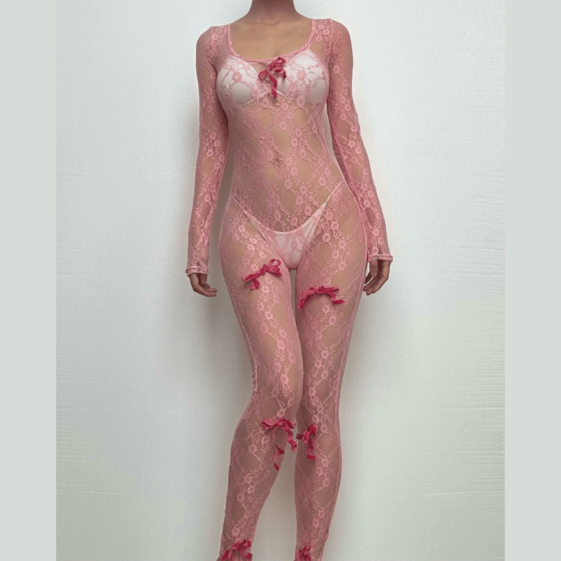 Long sleeve see through bowknot lace jumpsuit
