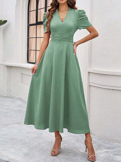 Pleated Waist Short Sleeve Maxi Dresses
