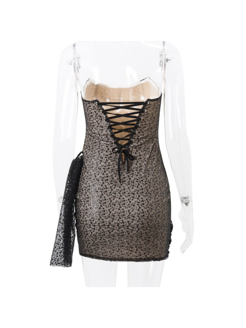 Sequins Boning Lace Fishnet Tube Ribbon Dress