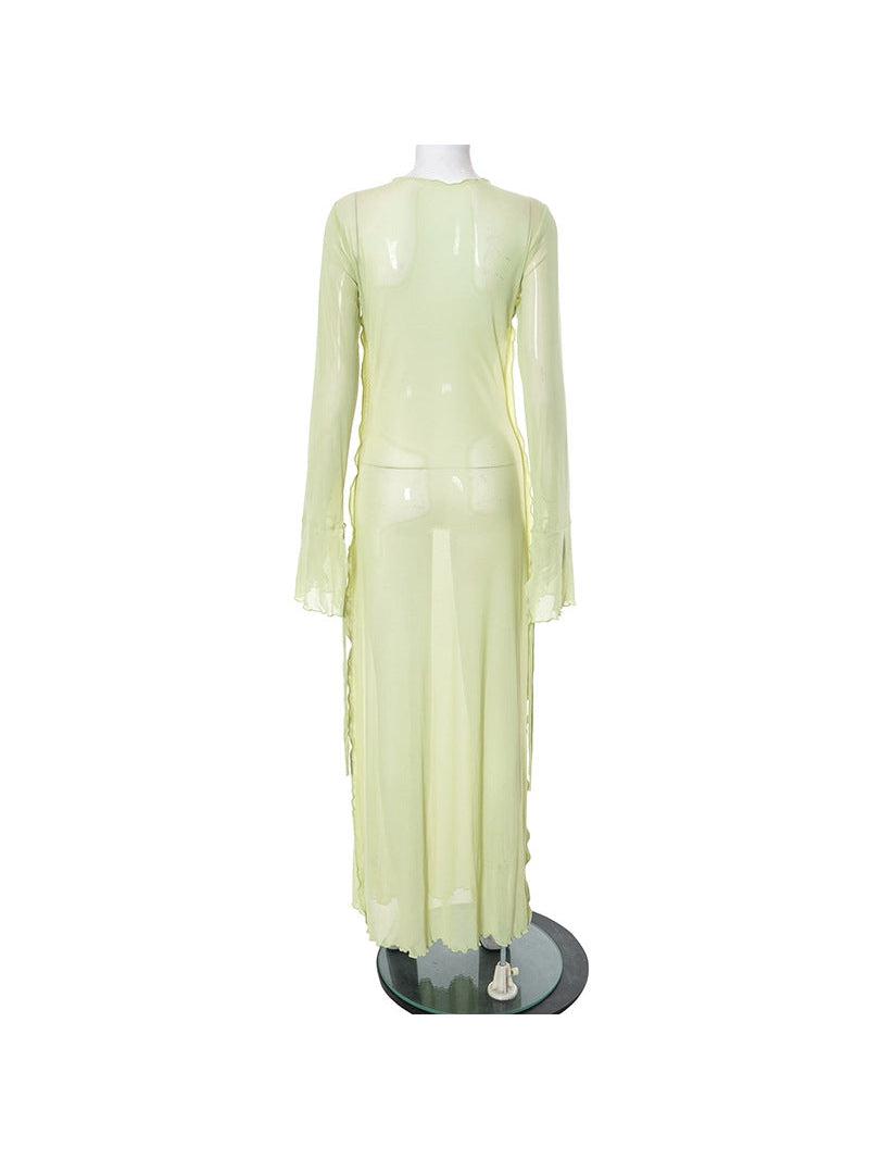 Low Cut Bell Sleeve Lace Long Mesh Dress