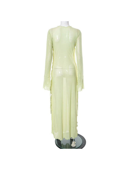 Low Cut Bell Sleeve Lace Long Mesh Dress