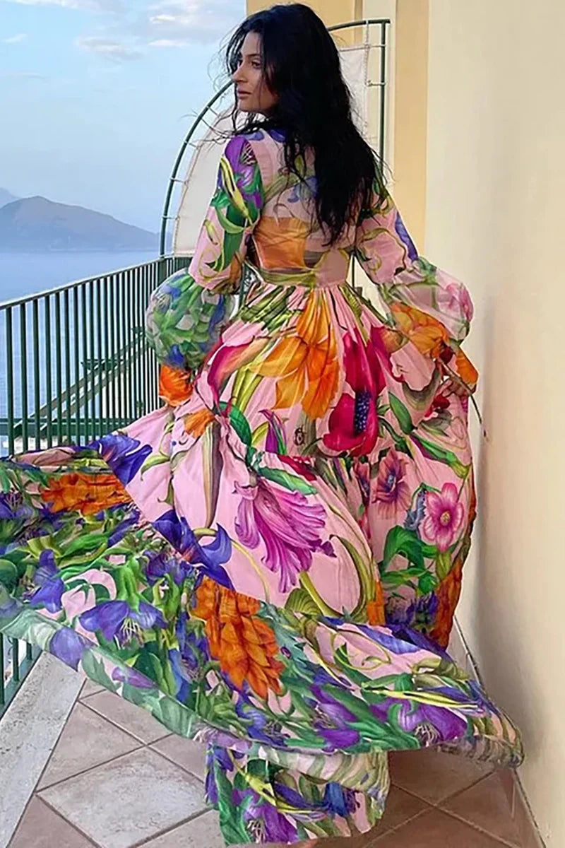 Deep V Lantern Sleeve Printed Swimsuit Set