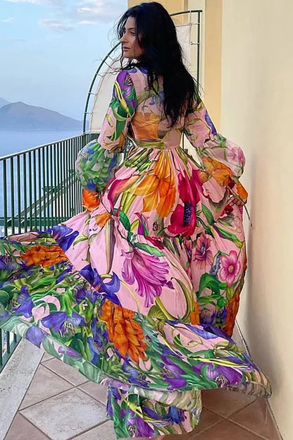 Deep V Lantern Sleeve Printed Swimsuit Set