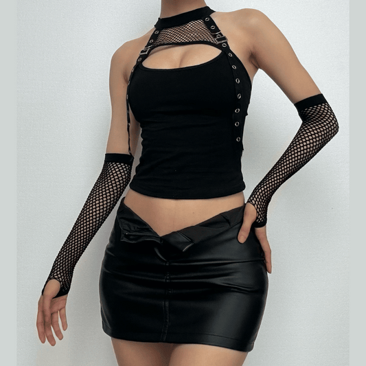 Fishnet gloves patchwork hollow out cut out top