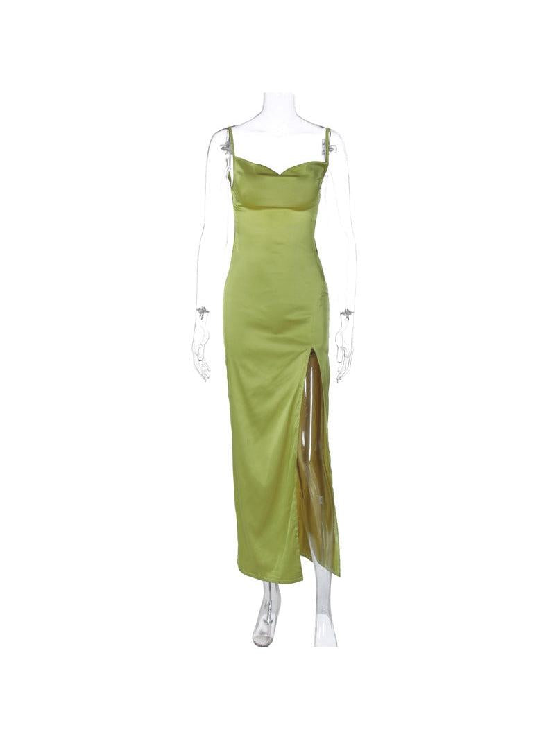 Spaghetti Strap Cowl Neck Backless Split Dress