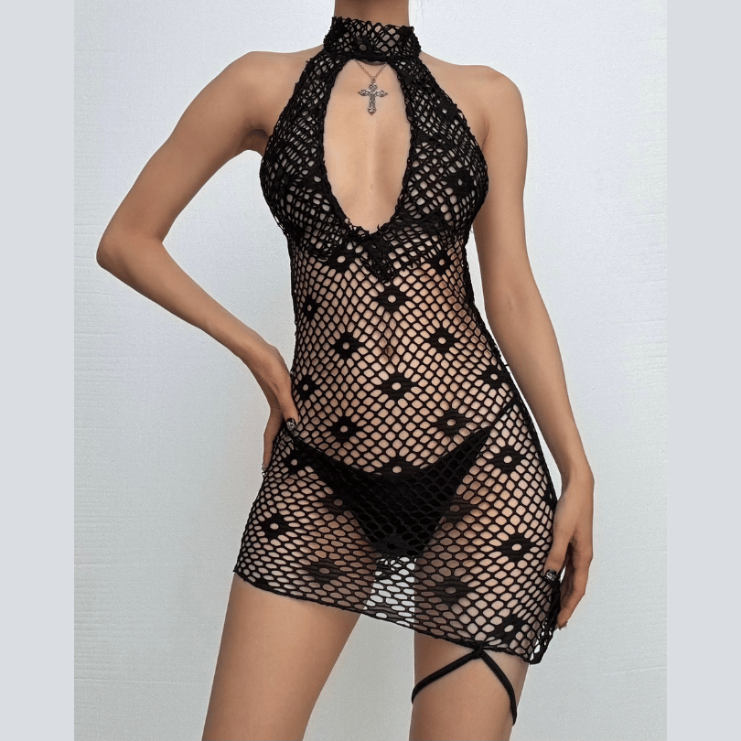Halter knitted fishnet see through irregular mini dress