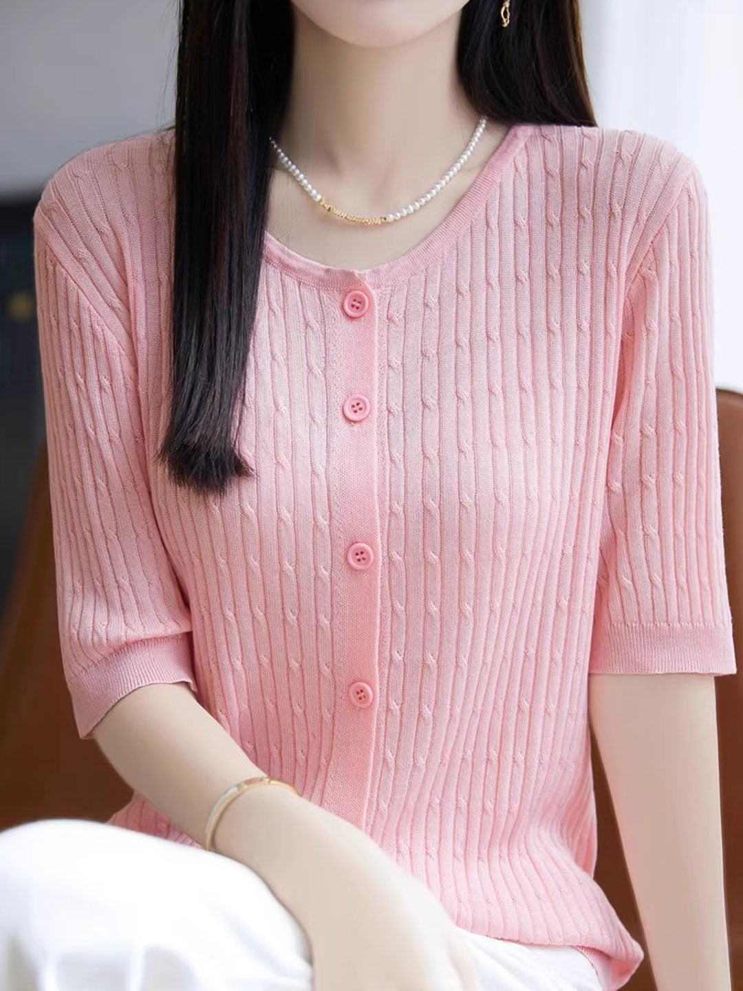 Bailey Loose Crew Neck Solid Color Cable Knitted Top