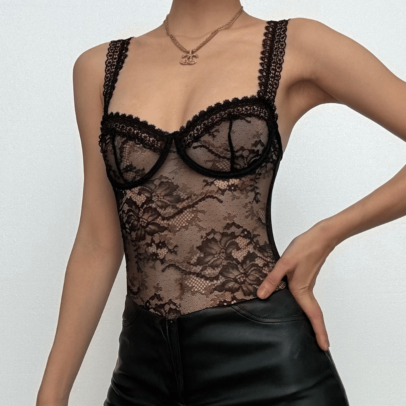 Sheer lace see through backless cami bodysuit