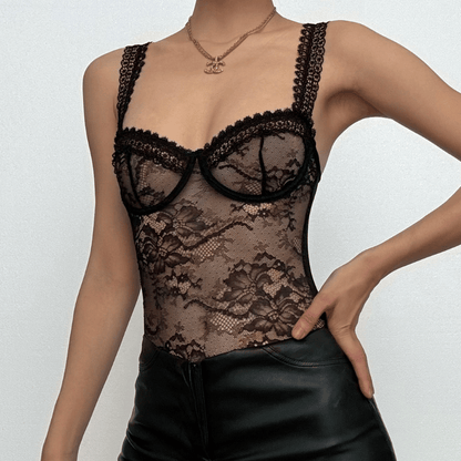 Sheer lace see through backless cami bodysuit
