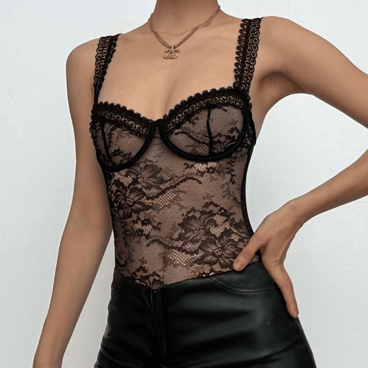 Sheer lace see through backless cami bodysuit