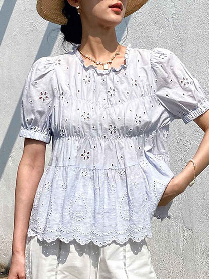 Arianna Retro Auricular Puff Sleeve Embroidered Top