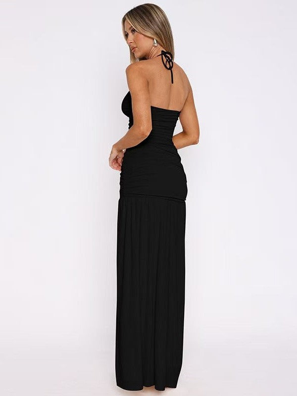 Tied Halterneck Ruched Slit Maxi Dress