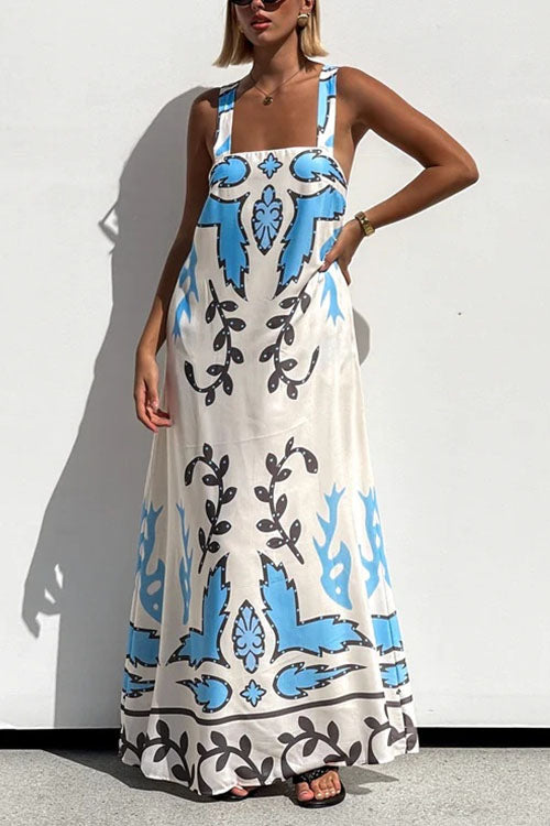 Meridress Square Neck Tie Knot Backless Printed Maxi Cami Dress