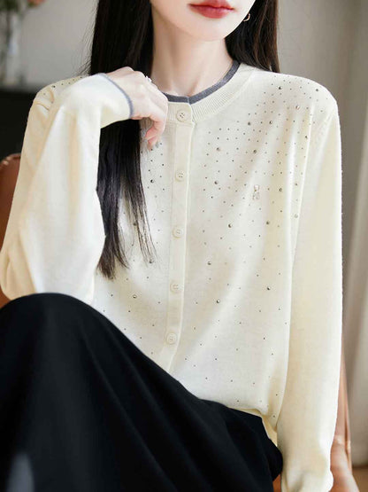 Anna Classic Crew Neck Rhinestone Knitted Cardigan