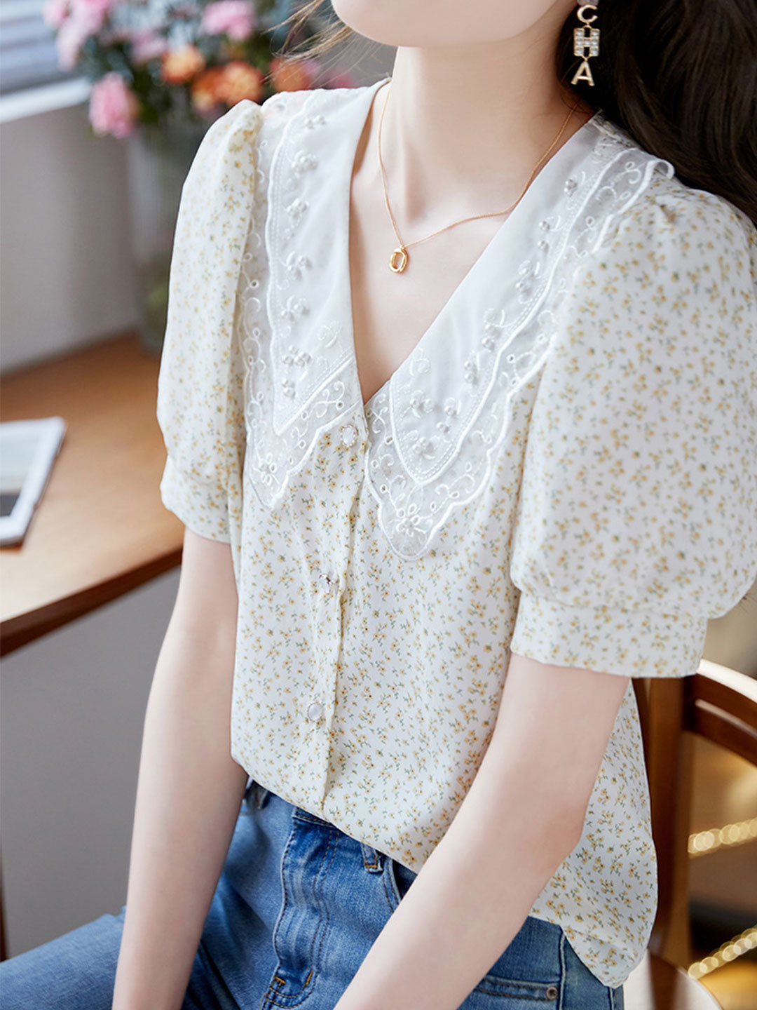 Ava Elegant Doll Collar Floral Beaded Chiffon Top