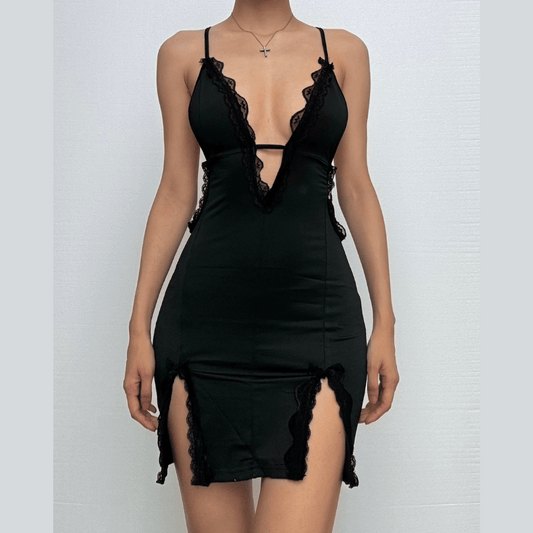 Deep v neck cross front lace hem backless cami mini dress