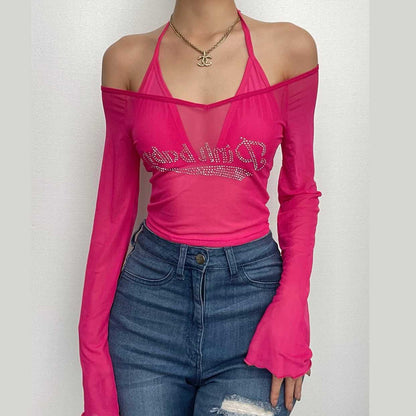 Mesh off shoulder long sleeve beaded halter 2 piece crop top