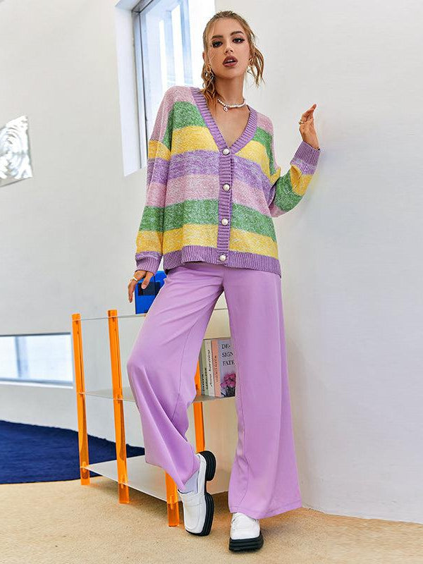 Pearl Button V Neck Purple Color Block Sweater