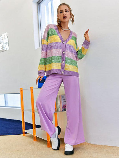 Pearl Button V Neck Purple Color Block Sweater