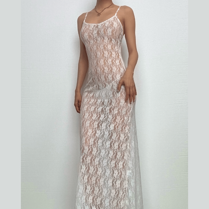 Lace see through hollow out cami cut out maxi dress