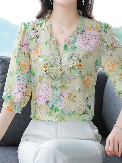 Bailey Loose V-neck Floral Ruffle Chiffon Top