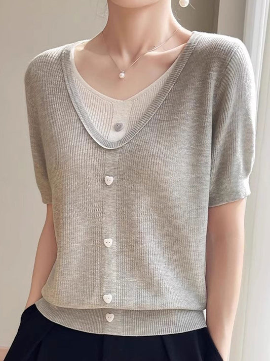 Angelina Casual V-neck Patchwork Knitted Top