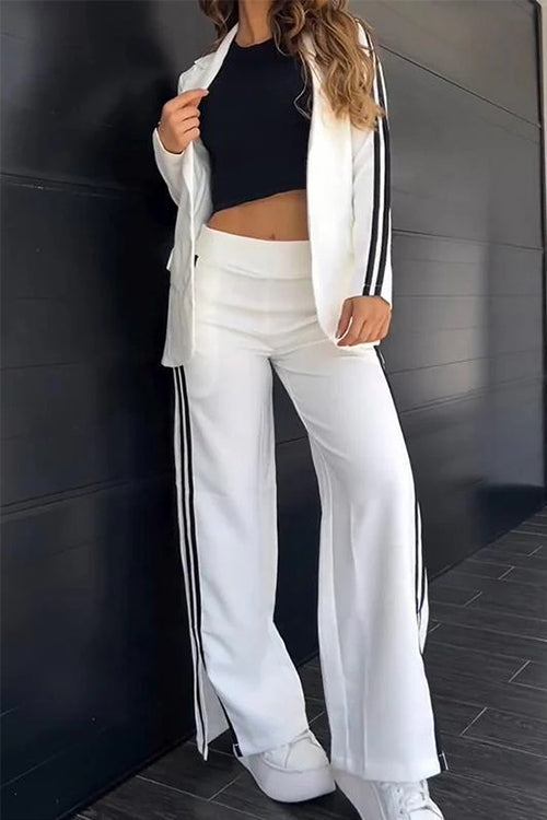 Color Block Open Front Blazer Elastic Waist Slit Wide Leg Pants Set