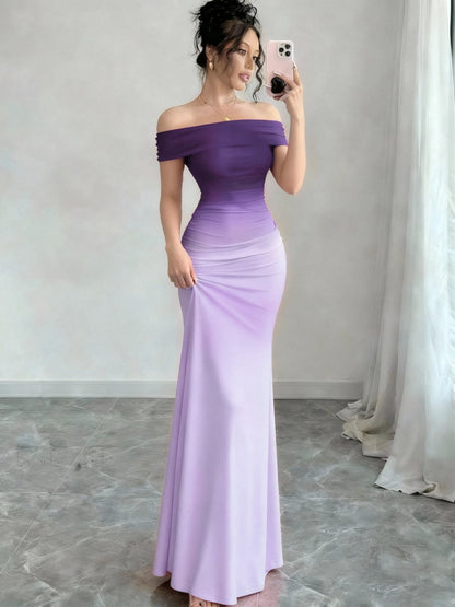 Off Shoulder Hip-hugging Gradient Maxi Dresses