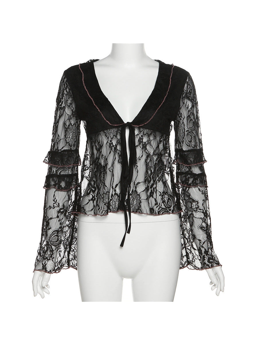 V Neck Tied Slim Fit Lace Hollow Top
