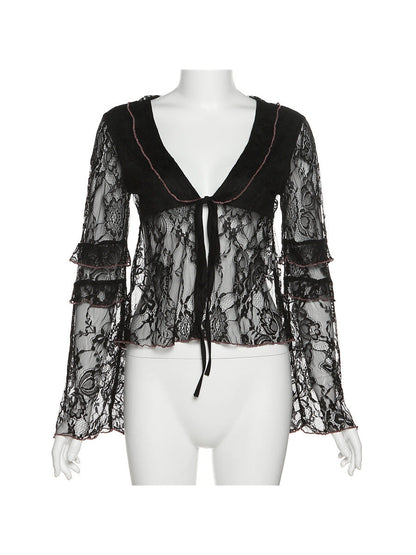 V Neck Tied Slim Fit Lace Hollow Top