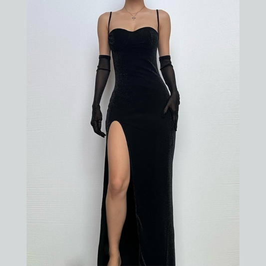 High slit gloves glitter sweetheart neck cami maxi dress-final-sale