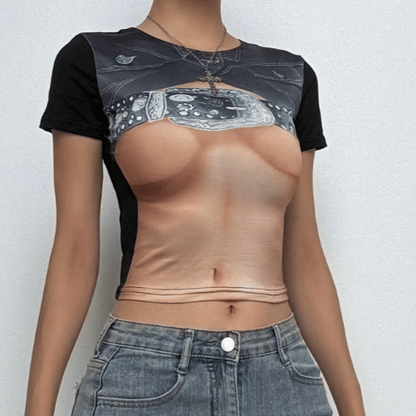 Short sleeve body print crewneck contrast top