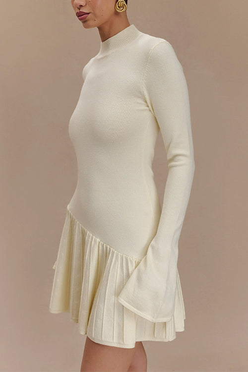 Mockneck Bell Sleeves Ruffle Mini Sweater Dress