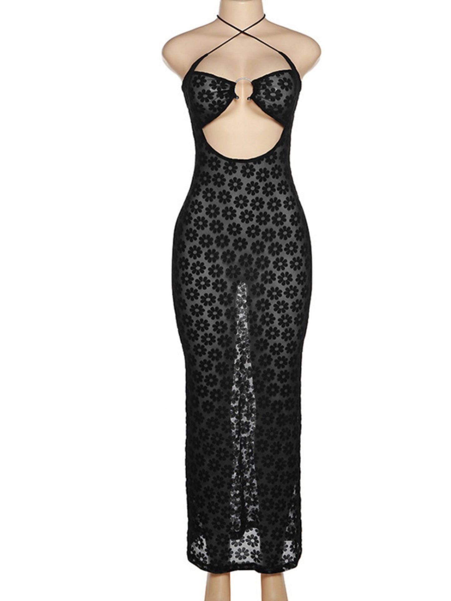 Flowers Hollow Out Metal Ring Halter Neck And Backless Maxi Dresses