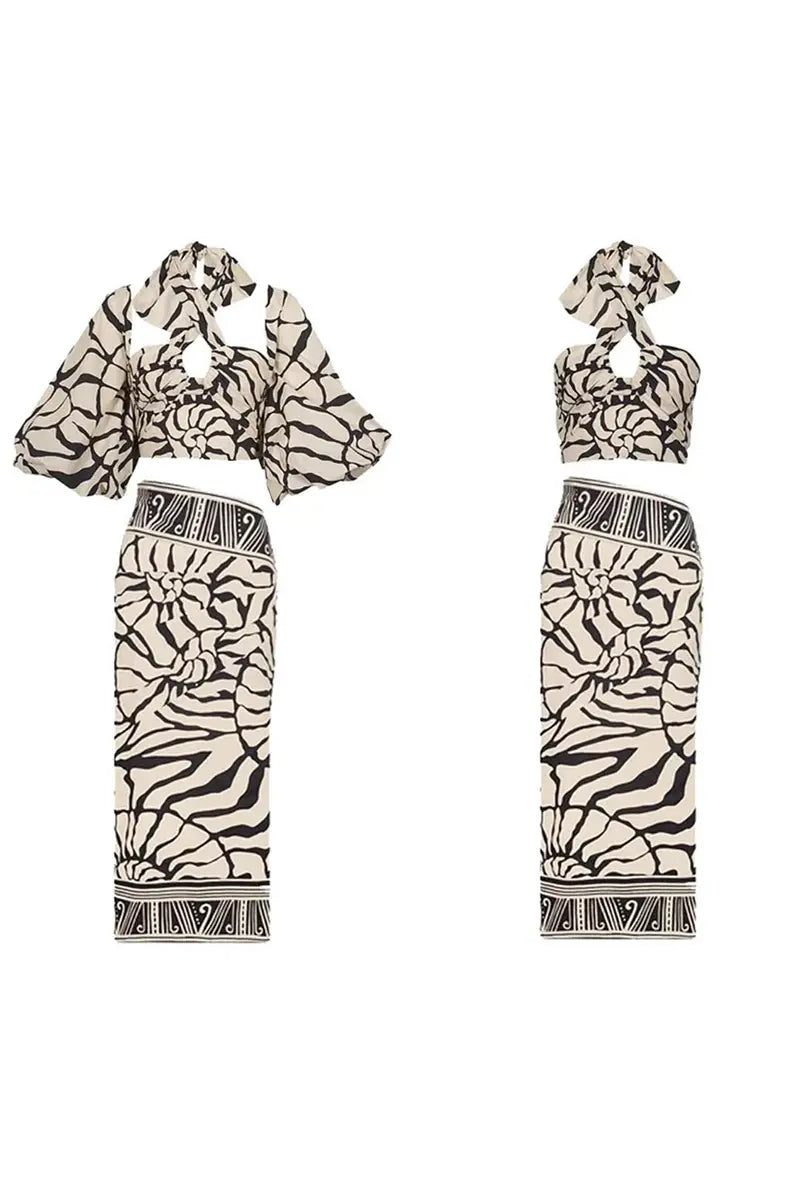 Halter Printed Swimsuit Set with Detachable Sleeves